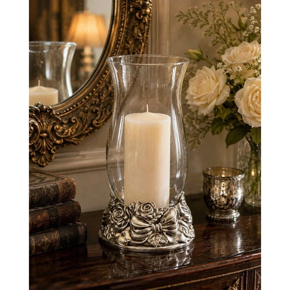 Vintage Silver Tone Rose Bow Hurricane Candle Holder Glass Chimney 10” Floral
